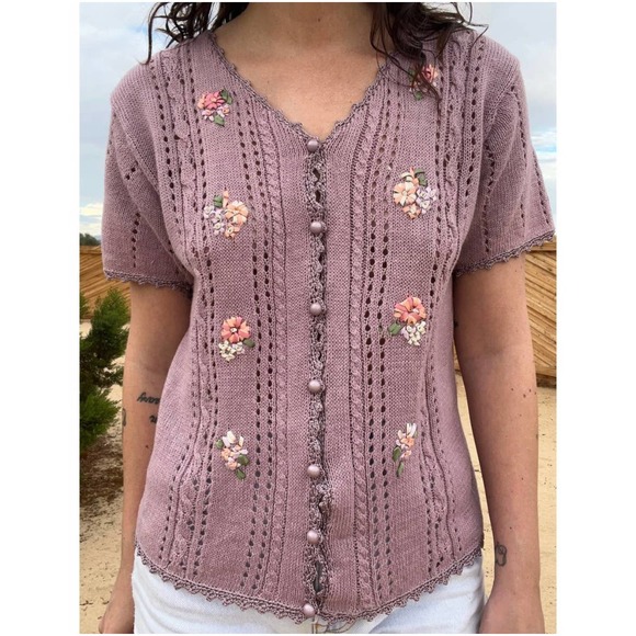 Sweaters - Vintage Lavender Floral Embroidered Cardigan
